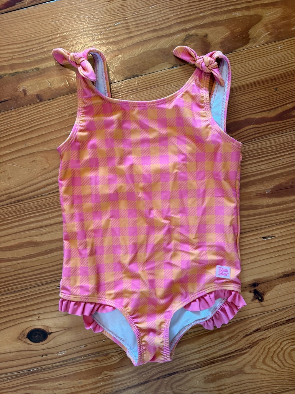 Ruffle Butts Pink & Orange Gingham One-Piece Swimsuit with Shoulder Ties